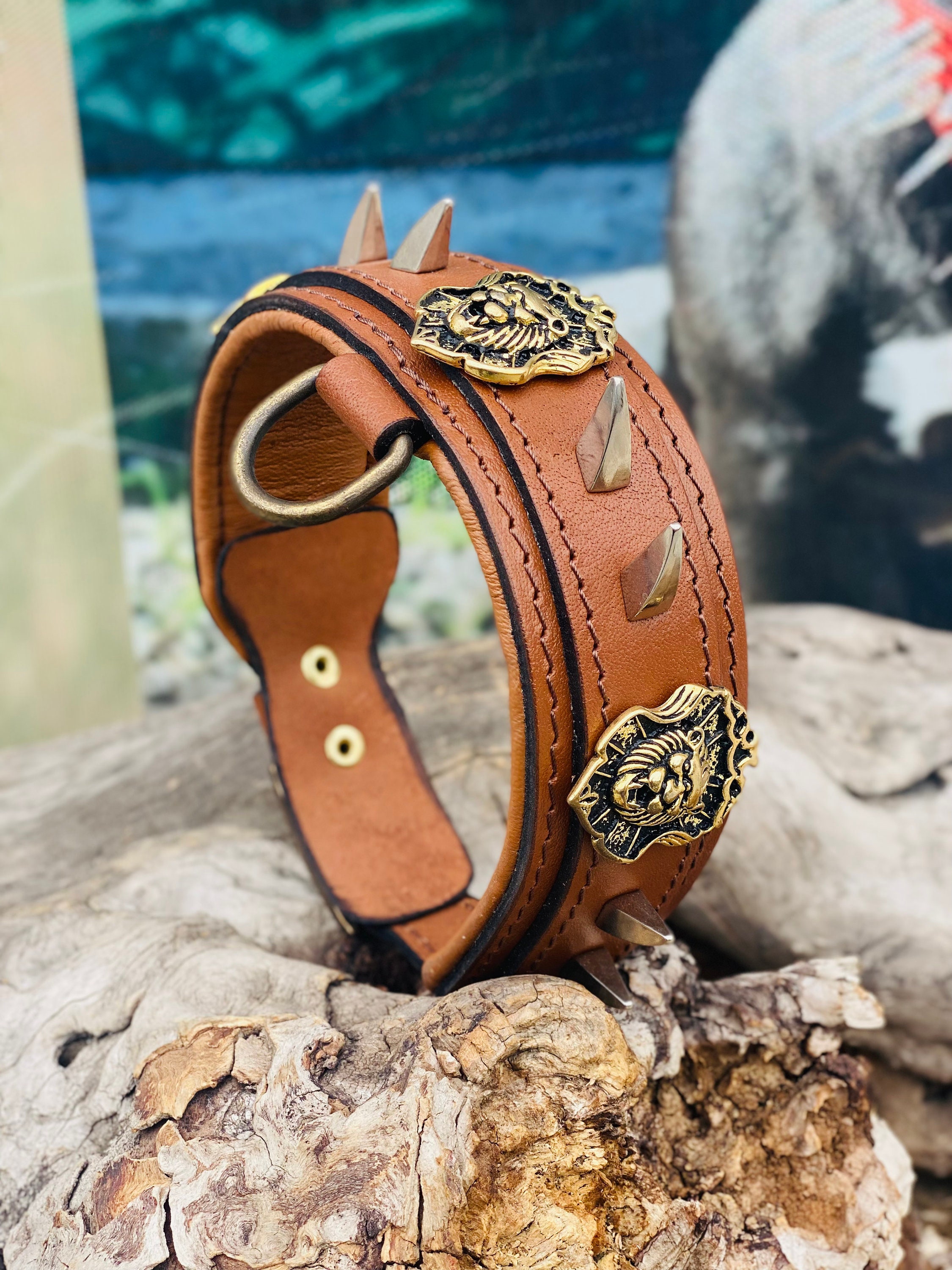 Taba Buffalo Leather Dog Collar Gold Lion Emblems & Steel Spikes