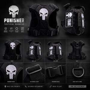 Op de afbeelding: Zwart tactisch hondentuig met een wit schedel-embleem en het woord "PUNISHER". Voorzien van verstelbare bandjes, meerdere D-ringen en een veilige gesp. Ontworpen voor comfort en gebouwd voor kracht.