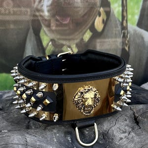 Luxury Buffalo Leather Dog Collar with Lion Emblem – Premium Collar for Cane Corso, Kangal, Presa Canario, Rottweiler, Bully, Malinois, K9