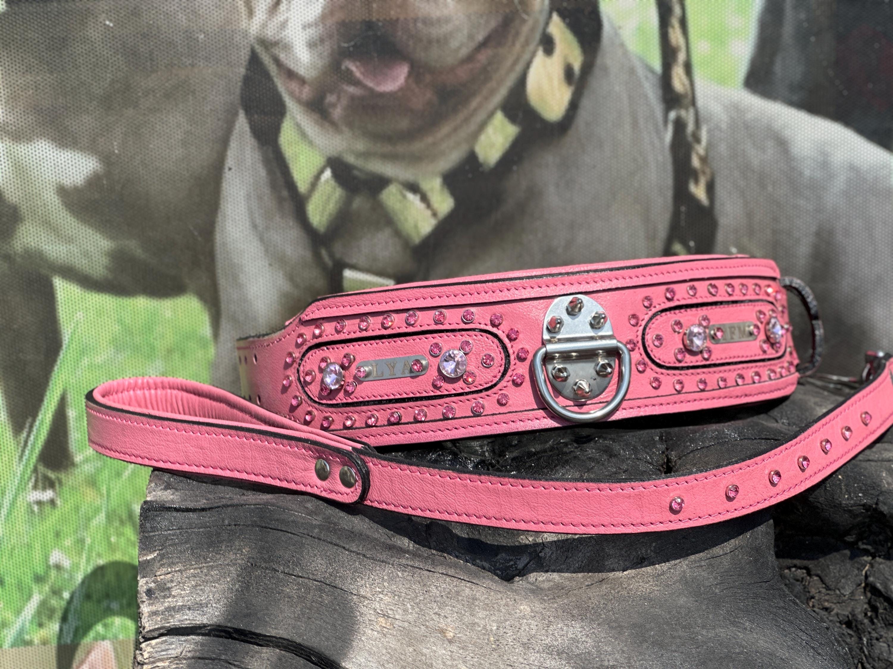 ハンドメイドのピンクレザー製犬用首輪＆リーシュセット：クリスタル