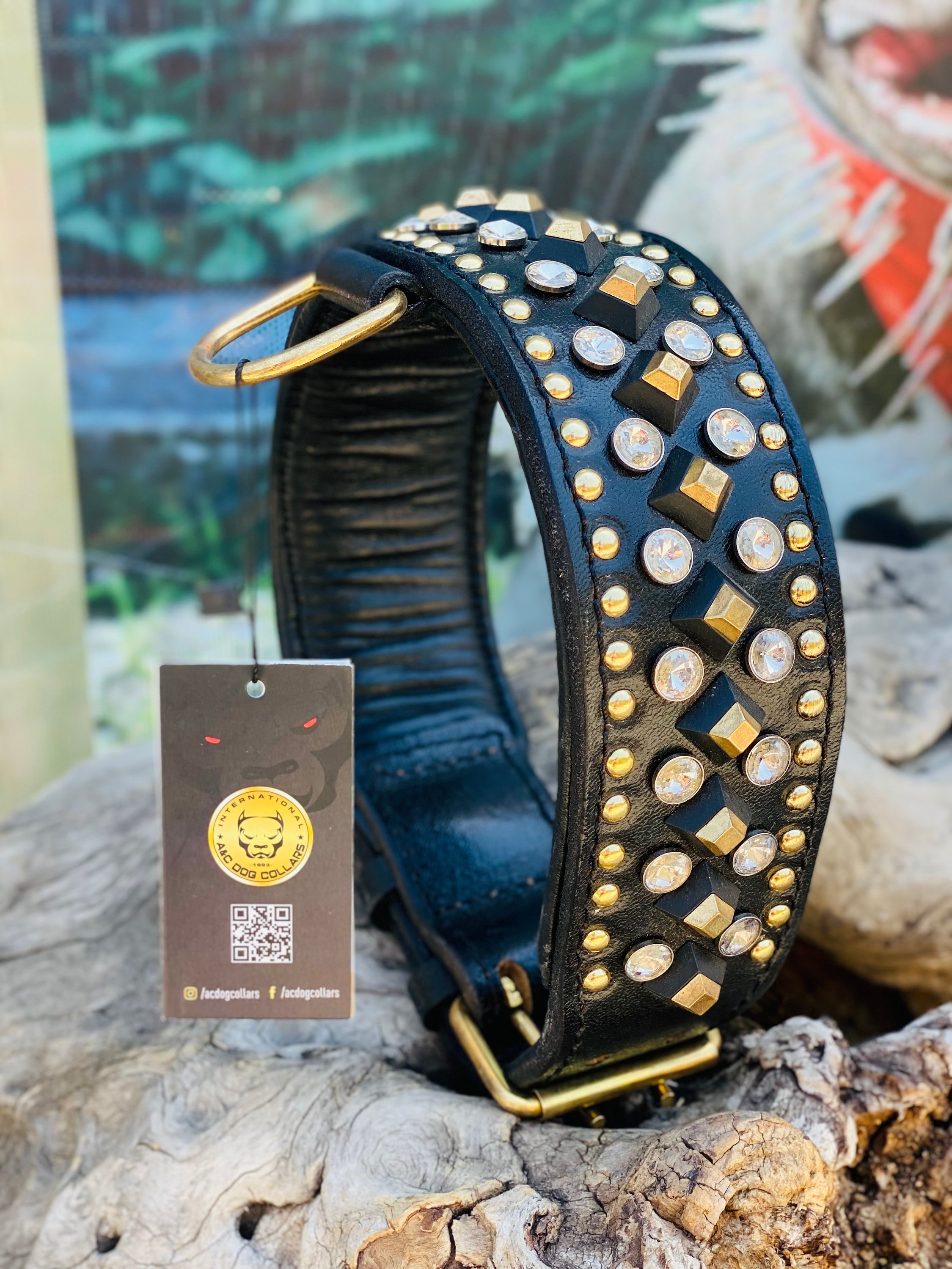 Handmade Leather Crystal Pyramid Dog Collar - Large Breed Luxury