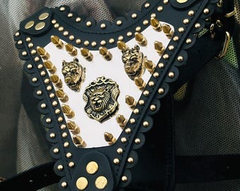 May include: Black dog harness with gold-colored studs and accents. The harness features a silver-colored center plate with three gold-colored dog head emblems and a central lion crest. The harness is designed for a dog.