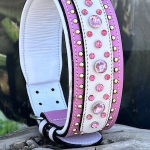 Handmade Crystal-Studded Leather Dog Collar: Pink & White, Steel Buckle