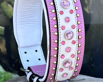 Collar para perro de cuero hecho a mano con incrustaciones de cristal: rosa y blanco, hebilla de acero.