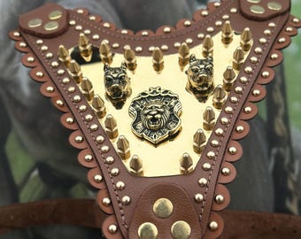 Coleira peitoral de couro Gold Lion para cães - Coleira larga de couro feita à mão
