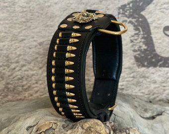 Handmade  Leather Dog Collar with Bullet Accents & Wolf Logo - Strength  Prestige for Large Breeds