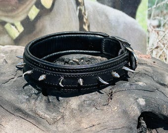 Handmade Spiked Black Leather Dog Collar: Large Breed, Bullies
