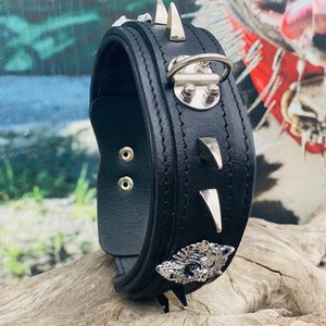 Black Leather Dog Collar with Chrome Spikes & Wolf Emblems | 6cm Wide Heavy Duty Handmade Collar for Cane Corso, Rottweiler, americanbully,