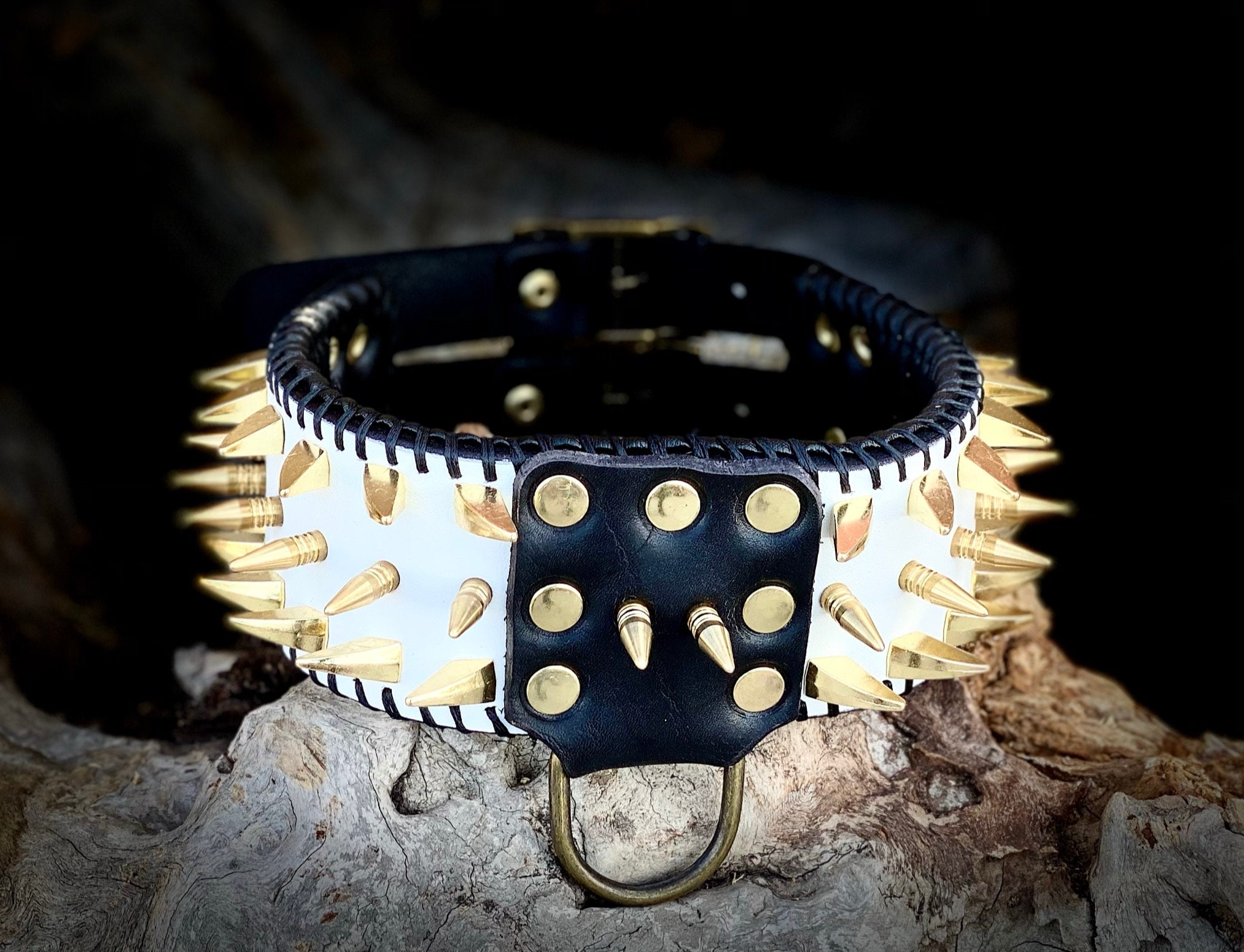 Handmade White Leather Dog Collar Gold Spiked, Large Breed