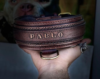 Handmade Buffalo Leather Dog Collar with Name Plate - Engraved Custom Collar