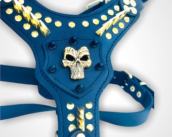 Handmade Leather Dog Harness: Custom Engraved Collar with Skull