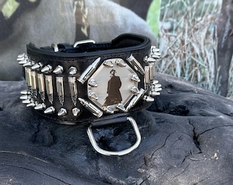 Handmade Buffalo Leather Dog Collar with Bullets & Custom Photo Plate