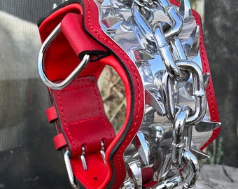 Iron Chain Dog Collar: Handmade Buffalo Leather, Personalized Engraved Name Plate