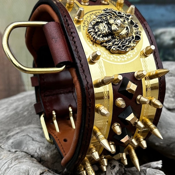 Dog Gift Royalty | Handmade Leather Collar with Engraved Nameplate | Gold Brass Accents | Airtag Compatible| Extreme Lion Figured Dog Collar