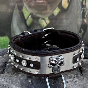 Punisher Emblem Dog Collar – 6cm2,35&#39;&#39; Wide Handmade Leather Collar with Steel Plate for Cane Corso, Rottweiler, Presa Canario, Bully