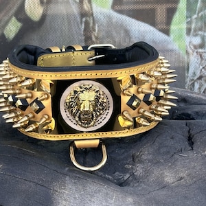 Luxury Gold Spiked Leather Dog Collar: Lion Plate, Handmade