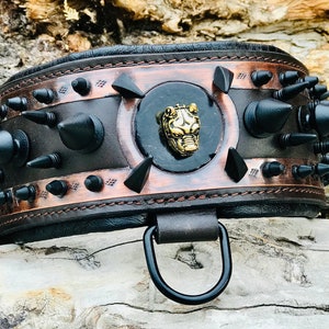 Handmade Copper Inlay Dog Collar with Gold Bully Logo | 8cm Wide Leather Collar with Matte Black Spikes | Ideal for Cane Corso, pitbull