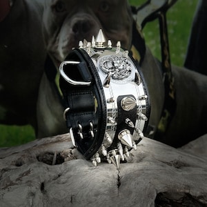 8cm Wide Steel Plate Dog Collar with Heavy Spikes | Black Leather Collar with Lion Logo | Handmade for Cane Corso, Presa Canario, Rottweiler