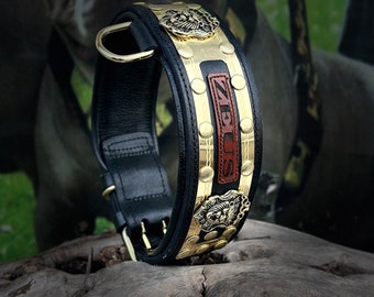 Collar de cuero para perro con logo de león, chapado en oro y personalizado, hecho a mano: resistencia, prestigio y durabilidad.