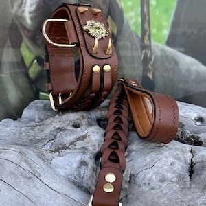 Handmade Braided Leather Dog Collar: Wolf Emblem, Large Breeds