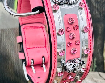 Collar para perro de cuero rosa hecho a mano: logotipo de león de cristal, raza grande.