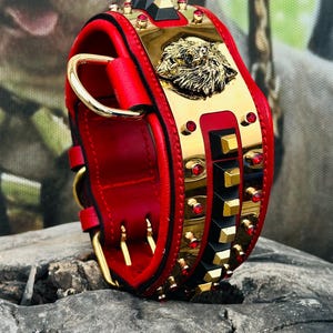 以下が含まれることがあります： 金色のアクセントと狼の頭のデザインが施された赤い革製の犬用首輪。首輪には赤い宝石と黒いピラミッド型のスタッドが飾られています。
