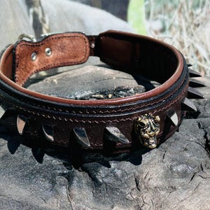 Handmade Spiked Brown Leather Dog Collar: Lion Head Emblem