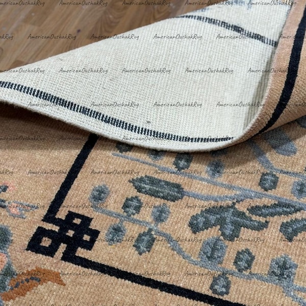 Hand-Knotted Beige Brown Wool Rug | Traditional Chinese Floral Design Carpet | Vintage Inspired Antique Style Oriental Living Room Decor Rug