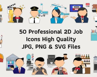 50 Professional Job Icons: 2D Design Graphics (JPG, PNG, SVG Files)