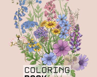 Livre de coloriage fleurs sauvages pour adultes - Pages florales imprimables avec étiquette de l'espace - Dessin au trait botanique