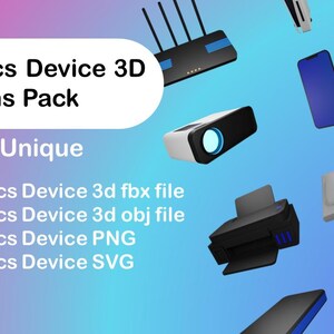 May include: A collection of 3D rendered electronics icons, including a laptop, smartphone, printer, and router, against a gradient blue and purple background. The image includes text that reads "Electronics Device 3D Icons Pack" and "60 Unique".