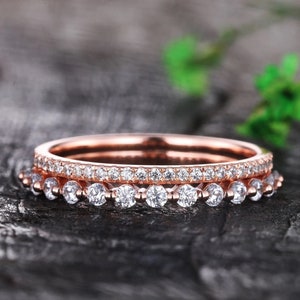 Round cut Moissanite Wedding Band, Half Eternity Band in Solid Rose/White Gold, Moissanite Wedding Band, Matching Band Women Stacking Band