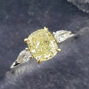 2.5 Ct Elongate Cushion Moissanite Ring, Canary Yellow Cushion Engagement Ring, White Gold, Pear wedding Ring, Three Stone Anniversary Ring.