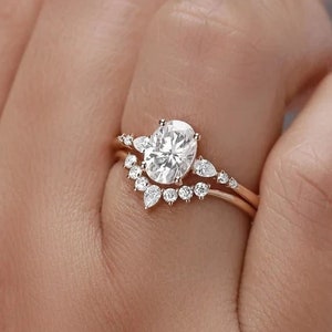 Oval moissanite engagement ring set, unique Rose gold engagement ring, vintage engagement ring, Promise Ring, wedding Bridal ring