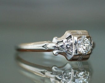 Vintage Round Diamond Art Deco Ring in 14K Solid White Gold Engagement Ring, Art Deco Round Engagement Ring, Antique Ring,Round Vintage Ring