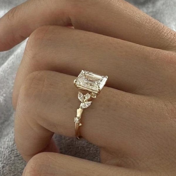 2.5 Ct Emerald Cut Moissanite Engagement Ring, Emerald Engagement Ring, Branch Boho Anniversary Ring, Yellow Gold Twig and Leaf Wedding Ring