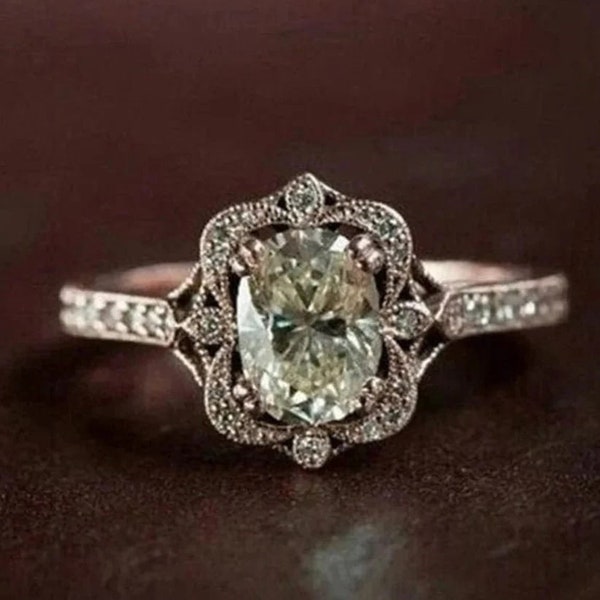 1.5 CT Oval Cut Moissanite Ring, Milgrain Vintage Engagement Ring, 14K Rose Gold Antique Art Deco Wedding Ring, Vintage Art Deco Ring, Gift