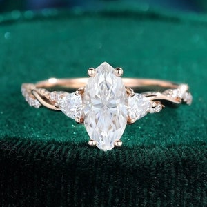 1.5 CT Vintage Marquise Moissanite Engagement Ring, Unique Rose Gold Twist Ring, Bridal Promise Anniversary Ring, Cluster Engagement Ring.