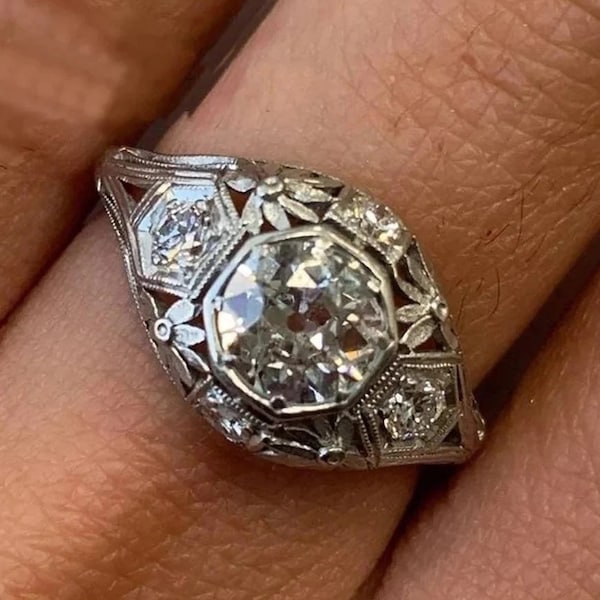 Runder Moissanite Diamant Edwardian Ring, Lünette Set Drei Stein Verlobungsring, Ehering, Floral Vintage Ring, antiker Ring,Art-Deco-Ring
