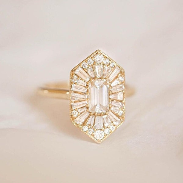Hexagon Shape 1.0 Ct Emerald Cut Moissanite Ballerina Diamond Mosaic Ring, Baguette Halo Engagement Ring, Wedding Ring, Starburst Gold Ring