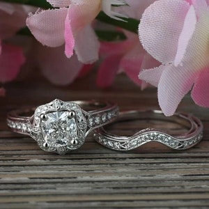 1920s Antique Vintage 2.0 Ct White Cushion Cut Diamond Wedding Engagement Ring Set,925 Sterling Silver Ring,Art Deco Antique Bridal Ring Set