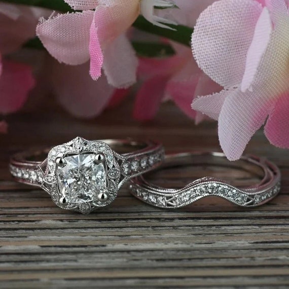 Ready to ship Vintage pear Salt & Pepper diamond engagement ring set 18k  white gold Art Deco half halo bridal set Antique wedding band