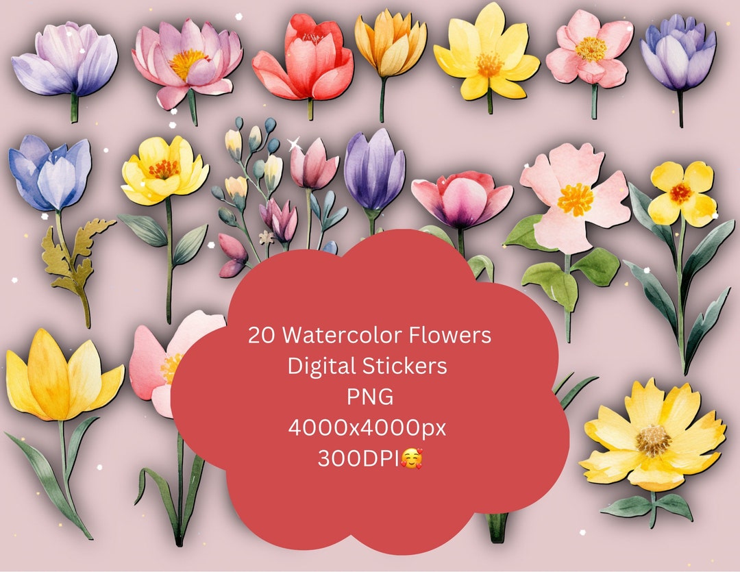 20 Flowers Watercolor Digital Stickers. Goodnotes Planner Etsy