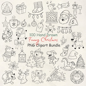 Könnte beinhalten: Eine Sammlung von 100 handgezeichneten PNG-Clipart-Illustrationen zum Thema Weihnachten. Die Schwarz-Weiß-Zeichnungen umfassen eine Schneekugel, eine Geschenkbox, einen Weihnachtsstrumpf, einen Vogel, einen Kamin, den Weihnachtsmann, Rentiere und andere festliche Elemente.