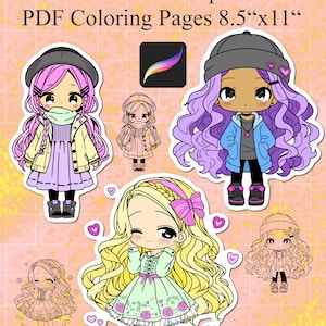 Op de afbeelding: 50 printbare chibi-stempels in verschillende poses en outfits. De stempels zijn ontworpen om in te kleuren en kunnen worden gebruikt voor knutselen, scrapbooking en andere creatieve projecten. De afbeelding toont een voorbeeld van de stempels, waaronder een meisje met roze haar en een geel jack, een meisje met paars haar en een blauw jack, een meisje met blond haar en een groene jurk en een meisje met bruin haar en een roze jack. De tekst "50 Chibi Stamps + PDF Coloring Pages 8.5"x11"" is ook zichtbaar in de afbeelding.