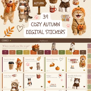 Könnte beinhalten: Ein digitales Planer-Dashboard mit 39 herbstlichen digitalen Stickern, die Katzen mit saisonalen Mützen, Kürbisse, Leckereien und Text wie Cute Cats, Pumpkins, Fall Treats, Cozy Autumn Digital Stickers und Meow & Chill zeigen.