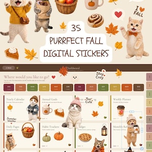 Könnte beinhalten: Eine Sammlung von 35 digitalen Stickern mit Katzen in herbstlicher Kleidung, Kürbissen, Apfelkörben, Zimtschnecken und Herbstblättern. Der Text lautet Cozy Cats, Sweet Treats, Autumn Magic, 35 Purrfect Fall Digital Stickers, Too Cute, I Love Fall und Stay Cozy.