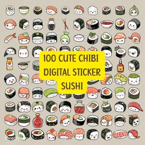Adorable Chibi Sushi Rolls Sticker Sheet - Hand-Drawn Animation Style, Nori-Wrapped Sushi Shapes, Perfect for Planners and GoodNote, PNG