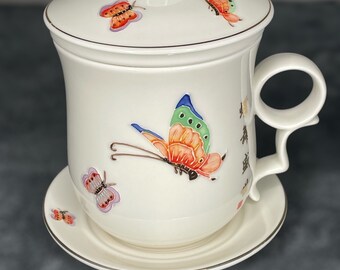Teavana Porcelain Tea Cup Infuser Complete 4 pc Enchanted Butterflies Retired