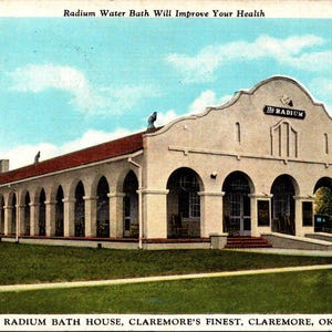 VTG Radium Bath House Claremore OK Kolorowa pocztówka lniana Wysłana w 1936 r.